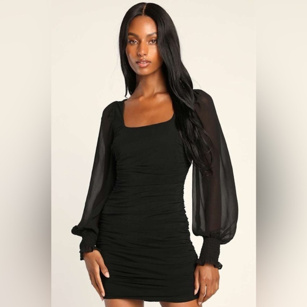 NEW lulus Perfect Sensation Black Mesh Ruched Puff Sleeve Mini Dress Sz Small